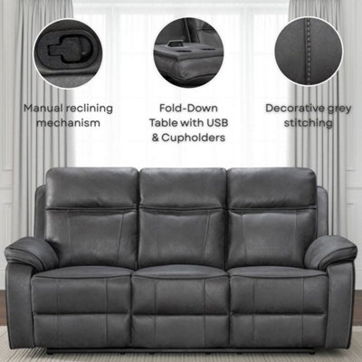 Faux Leather Grey 3 Seater Manual Recliner Sofa