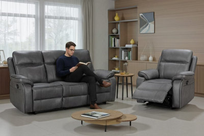 Faux Leather Grey 3 Seater Manual Recliner Sofa