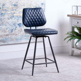 Faux Leather Retro Industrial Bar Stool with grey metal legs and foot rest Digby - Dark Blue (Single)