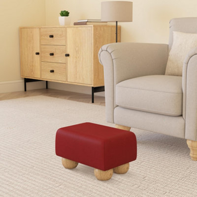 Faux Leather Small Footstools Natural Wood Bun Feet - Poppy Red Faux ...