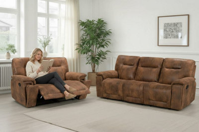 Faux Leather Suede Brown 2 Seater Manual Recliner Sofa