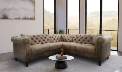 Faux Leather Suede Brown 2C2 Chesterfield Corner Sofa With Wooden Feet