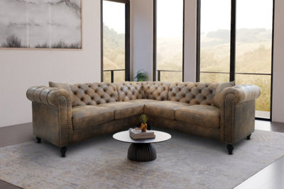 Faux Leather Suede Brown 2C2 Chesterfield Corner Sofa With Wooden Feet