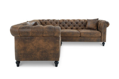 Faux Leather Suede Brown 2C2 Chesterfield Corner Sofa With Wooden Feet