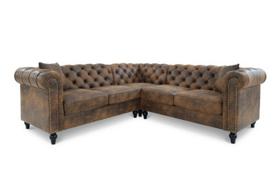 Faux Leather Suede Brown 2C2 Chesterfield Corner Sofa With Wooden Feet