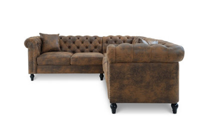 Faux Leather Suede Brown 2C2 Chesterfield Corner Sofa With Wooden Feet