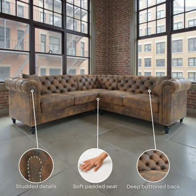 Faux Leather Suede Brown 2C2 Chesterfield Corner Sofa With Wooden Feet