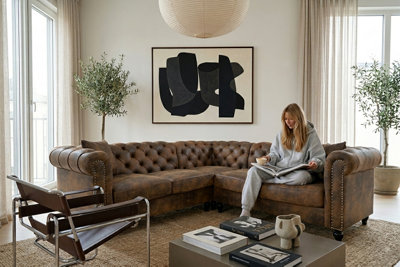 Faux Leather Suede Brown 2C2 Chesterfield Corner Sofa With Wooden Feet