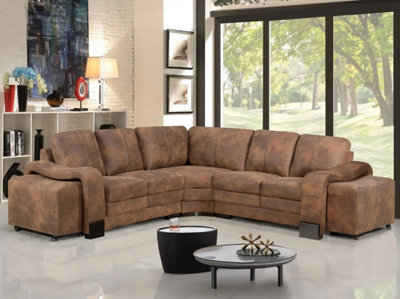 Faux Leather Suede Brown 2C2 Corner Sofa with 2 Ottomans