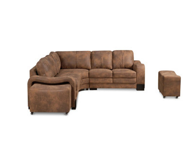 Faux Leather Suede Brown 2C2 Corner Sofa with 2 Ottomans