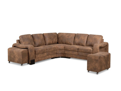 Faux Leather Suede Brown 2C2 Corner Sofa with 2 Ottomans