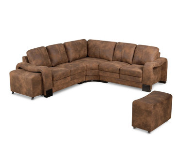 Faux Leather Suede Brown 2C2 Corner Sofa with 2 Ottomans