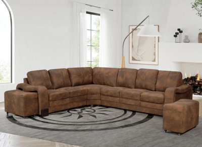 Faux Leather Suede Brown 2C3 Corner Sofa with 2 Ottomans