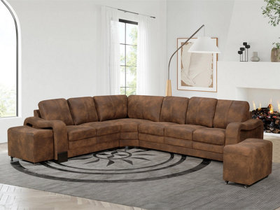 Faux Leather Suede Brown 2C3 Corner Sofa with 2 Ottomans
