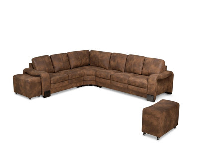 Faux Leather Suede Brown 2C3 Corner Sofa with 2 Ottomans