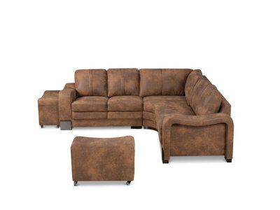 Faux Leather Suede Brown 2C3 Corner Sofa with 2 Ottomans