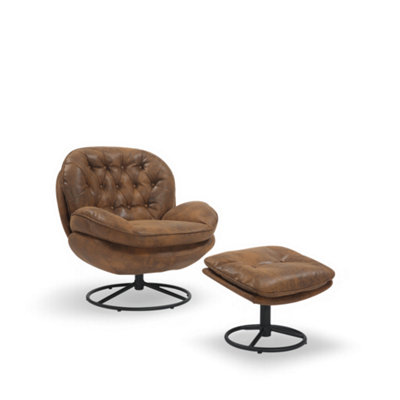 Faux Leather Suede Brown Azura Swivel Accent Chair with Footstool