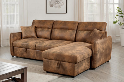 Faux Leather Suede Brown Corner Sofa Bed with Storage 2C1 Sofabed