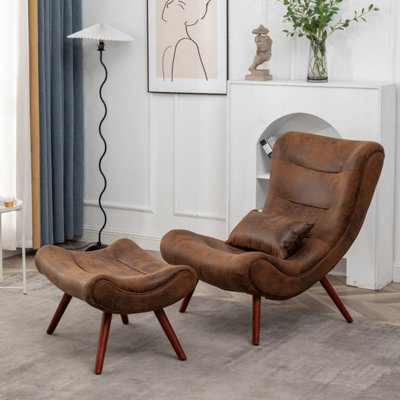 Faux Leather Suede Brown Katia Accent Chair with Footstool