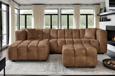Faux Leather Suede Brown Left Hand Facing Corner Sofa with Ottoman