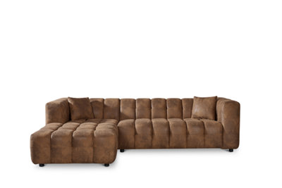 Faux Leather Suede Brown Left Hand Facing Corner Sofa with Ottoman