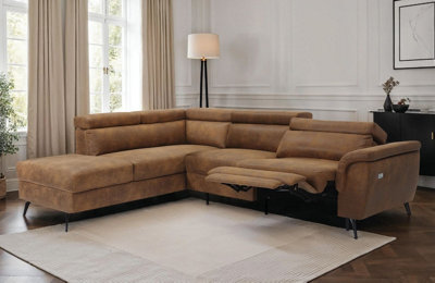 Faux Leather Suede Brown Reclining Corner Sofa with Storage Left Hand ...