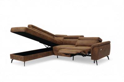 Faux Leather Suede Brown Reclining Corner Sofa with Storage Left Hand ...