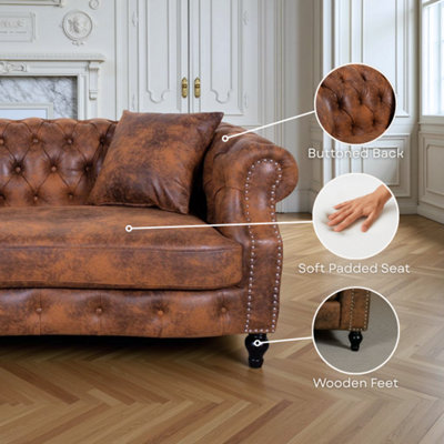 Faux Leather Suede Brown Richmond 3 Seater Chesterfield Sofa