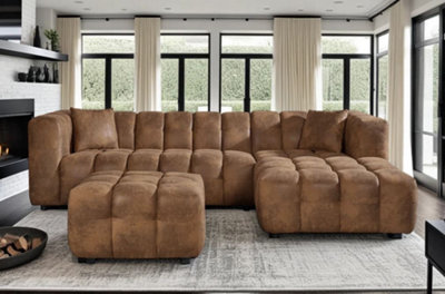 Faux Leather Suede Brown Right Hand Facing Corner Sofa with Ottoman
