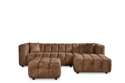 Faux Leather Suede Brown Right Hand Facing Corner Sofa with Ottoman