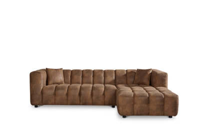Faux Leather Suede Brown Right Hand Facing Corner Sofa with Ottoman