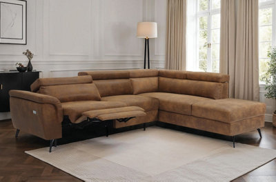 Faux Leather Suede Brown Right Hand Facing Reclining Corner Sofa with ...