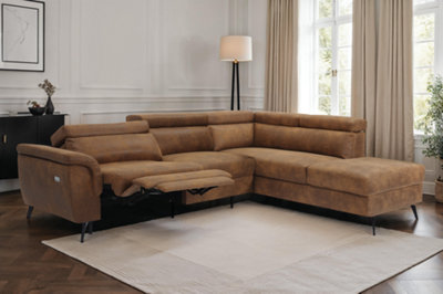 Faux Leather Suede Brown Right Hand Facing Reclining Corner Sofa with ...