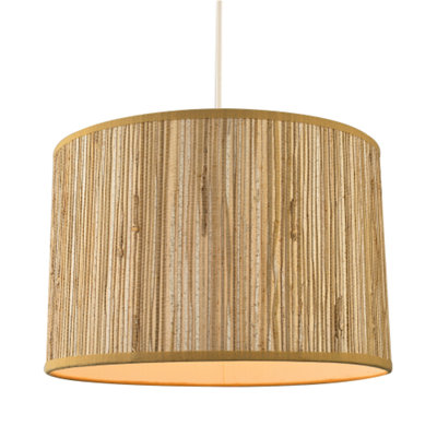 Faux Textured Rattan Round Lamp Shade with Taupe Cotton Fabric Trims