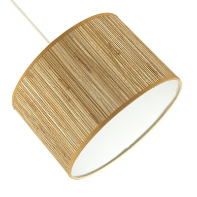 Faux Textured Rattan Round Lamp Shade with Taupe Cotton Fabric Trims