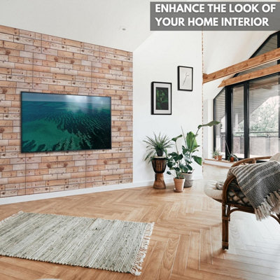 Faux Wood Wall Panels with Adhesive Included - Pack of 6 Sheets -Covering 29.76 ft²(2.76 m²) -Decorative Natural Oak Wooden Design