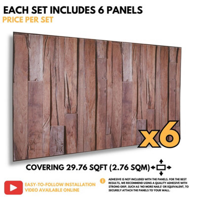 Faux Wood Wall Panels with Adhesive Included - Pack of 6 Sheets -Covering 29.76 ft²(2.76 m²) - Decorative Rustic Wood Pattern - 6