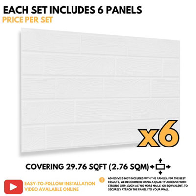 Faux Wood Wall Panels with Adhesive Included - Pack of 6 Sheets -Covering 29.76 ft²(2.76 m²) - Decorative White Wooden Design - 6