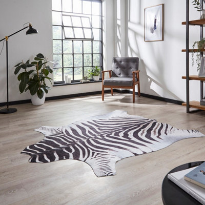 Faux Zebra Print Black White Abstract Animal Modern Cowhide Rug for Living Rug for Living Room and Bedroom-130cm X 155cm