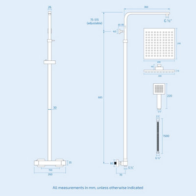 Fawley Square Thermostatic Exposed Mixer Shower Set Twin Head and Bar Kit - 9