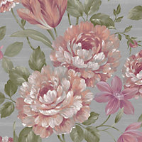 Fayre Floral Wallpaper Pink / Grey Muriva 194301