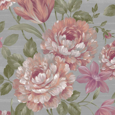 Fayre Floral Wallpaper Pink / Grey Muriva 194301 | DIY at B&Q