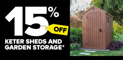 Shop 15% off selected Keter sheds & storage. Includes Keter Darwin 6x4 ft Apex Shed with floor & 1 window. Terms & conditions apply, see the *Promotional terms & conditions at the end of the page.