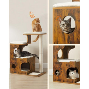 FEANDREA 86cm Cat Tree, Medium Cat Tower with 3 Beds and Cave, Cat Condo Made of MDF with Wood Veneer, Sisal Post and Washable