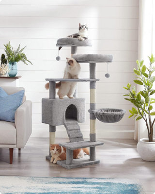 FEANDREA Cat Activity Center, Cat Tree with Scratching Posts, 2 Perches, Basket, Roomy Cat Cave, Ramp, Cat Tower, Light Grey Price Comparisons | Compare The Build