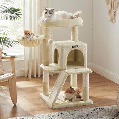 Feandrea Cat Tower for Indoor Cats 2 Door Cat Cave Cat Tree Scratching Ramp and Extra Wide Perch Beige DIY at B Q