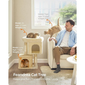 Feandrea Cat Tower, Small Cat Tree, Beige Cat Condo with Perch and 2 Cat Caves, Scratching Post