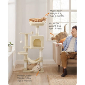 Feandrea Cat Tree, Cat Tower for Indoor Cats, Multi-Level Cat Condo with Scratching Posts, Cave, Hammock, Beige