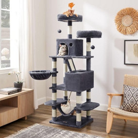 Feandrea Cat Tree, Large Cat Tower with Scratching Posts and Ramp, Multi-Level Plush Cat Condo for Indoor Cats, Smoky Grey