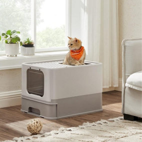 Feandrea Cat Waste Solution, Hooded Feline Litter Pan, Pull-Out Drawer, Scoop, Brush, Leak-Proof, Oatmeal and Warm Gray